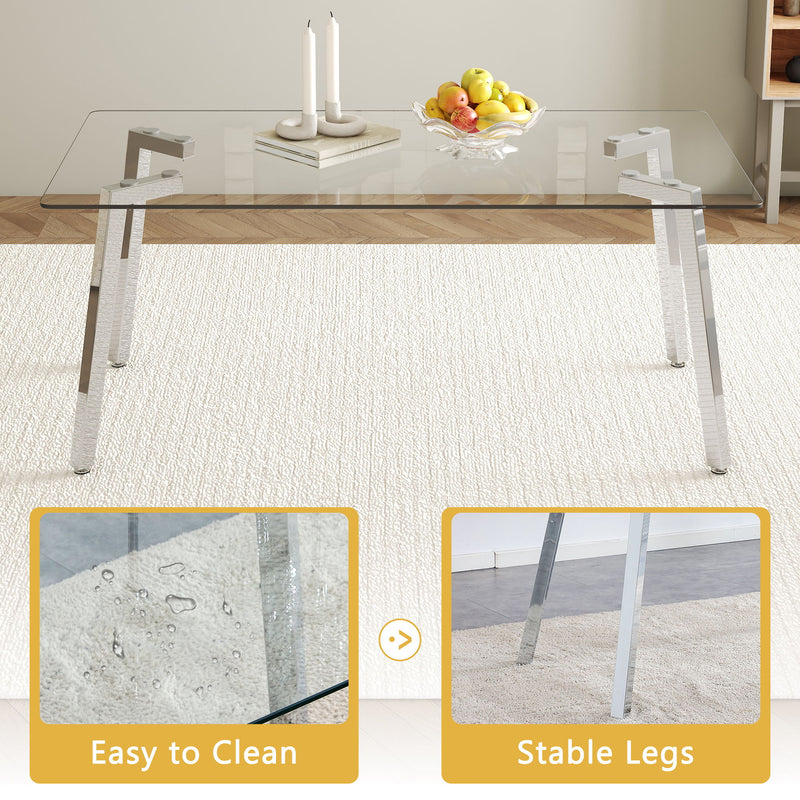 Minimalist Rectangular Dining Table With Transparent Glass Top And Metal Legs