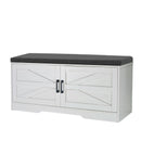 2 Tier Shoe Bench With Padded Seat, 2 Barn Doors And Adjustable Shelves, For Entryway And Living Room - White