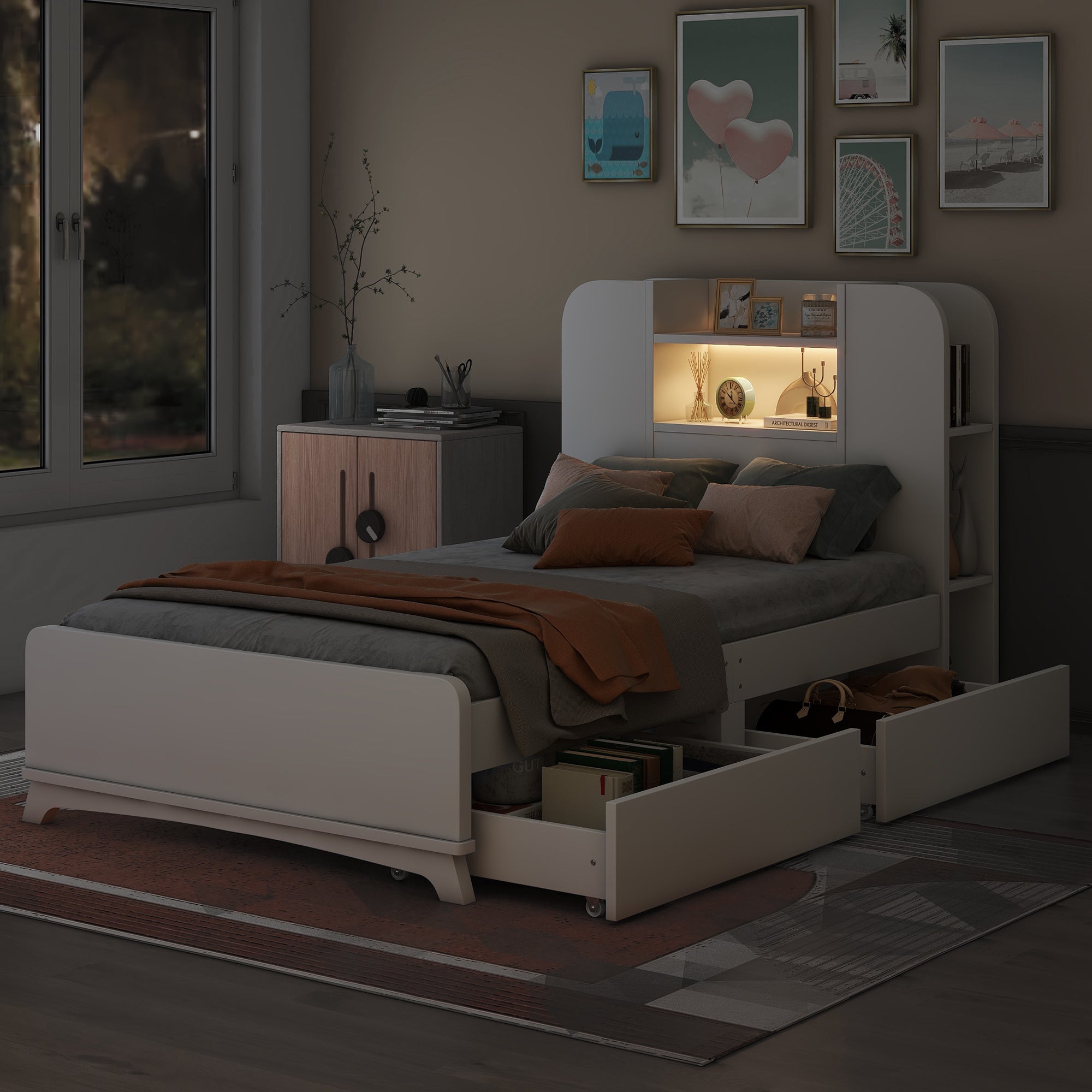 Twin Size Storage Platform Bed Frame with with Two Drawers and Light Strip Design in Headboard,White - Atlantic Fine Furniture Melbourne FL