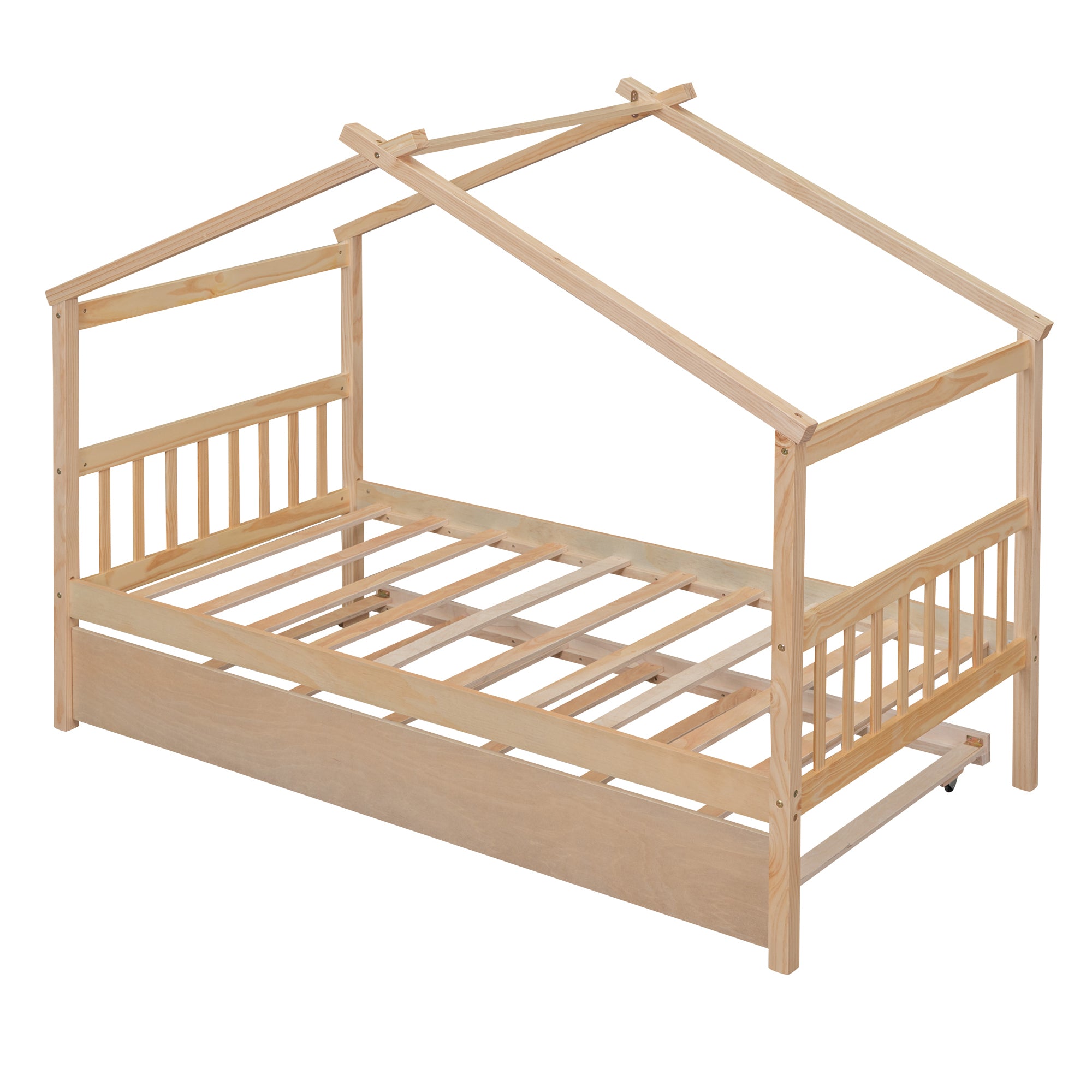 Twin Size Wooden House Bed with Twin Size Trundle, Natural - Atlantic Fine Furniture Melbourne FL