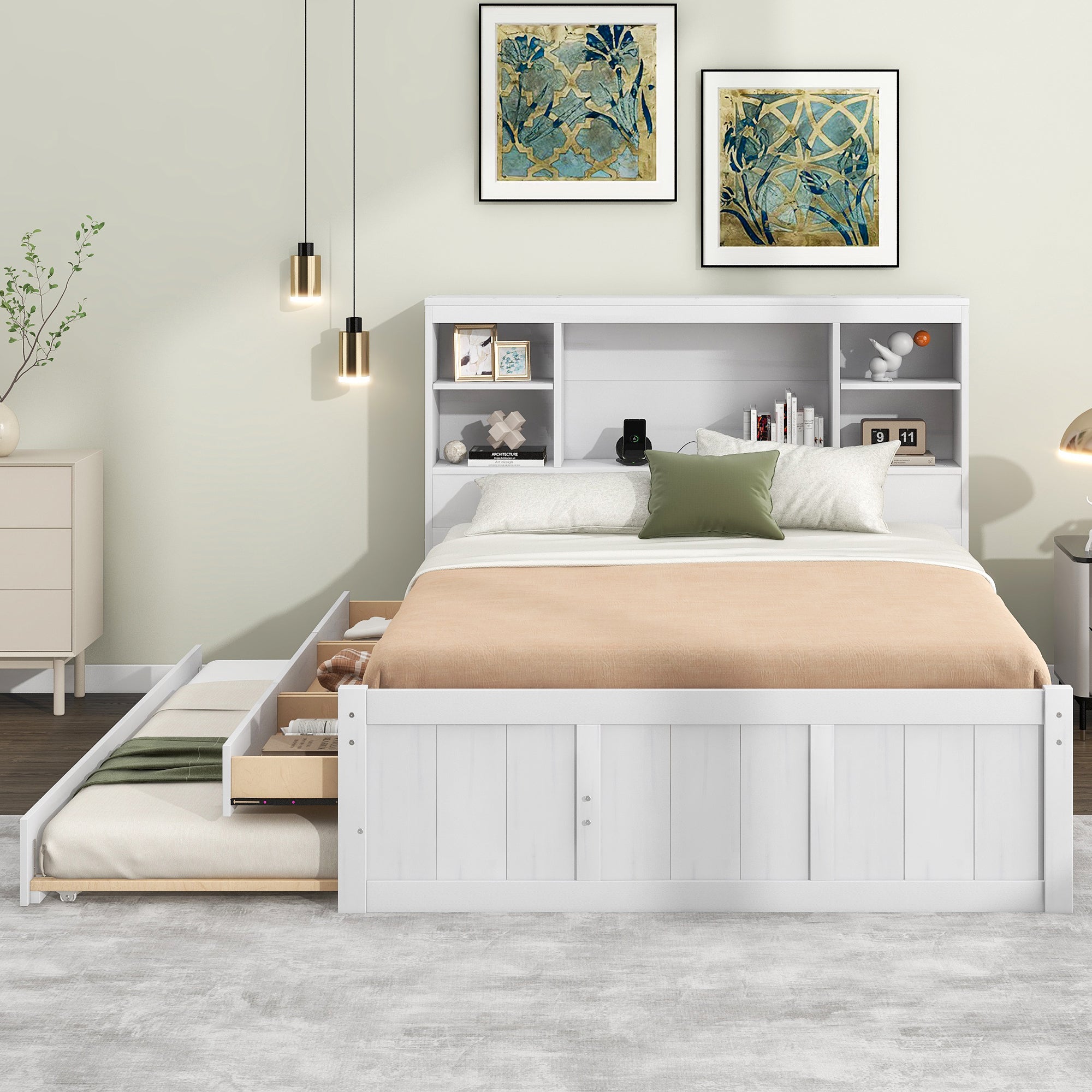 Full Size Platform Bed with Storage Headboard, Charging Station, Twin Size Trundle and 3 Drawers, Antique White - Atlantic Fine Furniture Melbourne FL