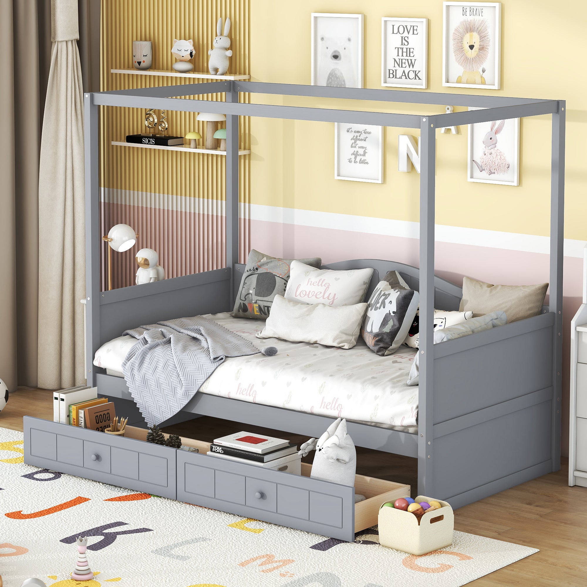 Twin Size Canopy Day Bed with 2 Drawers, Gray - Atlantic Fine Furniture Melbourne FL
