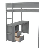 Wood Full Size Loft Bed with Wardrobes and 2-Drawer Desk with Cabinet, Gray