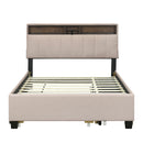Full size Upholstered Platform Bed with Storage Headboard, Twin Size Trundle & 2 drawers and a set of Sockets & USB Ports, Linen Fabric, Beige