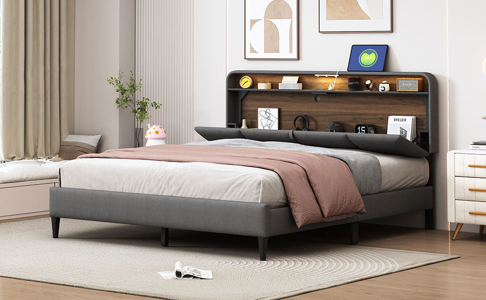 Queen size Upholstered Platform Bed with Storage Headboard, Sensor Light and a set of Sockets and USB Ports, Linen Fabric, Gray - Atlantic Fine Furniture Melbourne FL