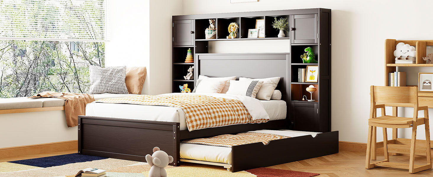 Full Size Wooden Bed With All-in-One Cabinet, Shelf and Sockets, Espresso - Atlantic Fine Furniture Melbourne FL