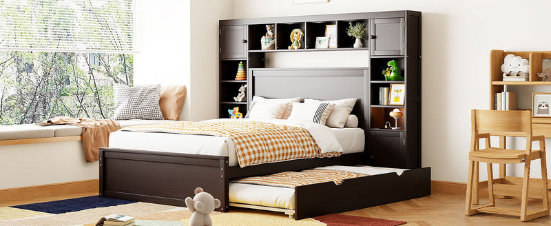 Full Size Wooden Bed With All-in-One Cabinet, Shelf and Sockets, Espresso