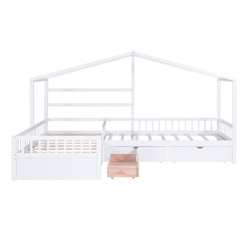 Twin Size House Platform Bed with Three Storage Drawers,White