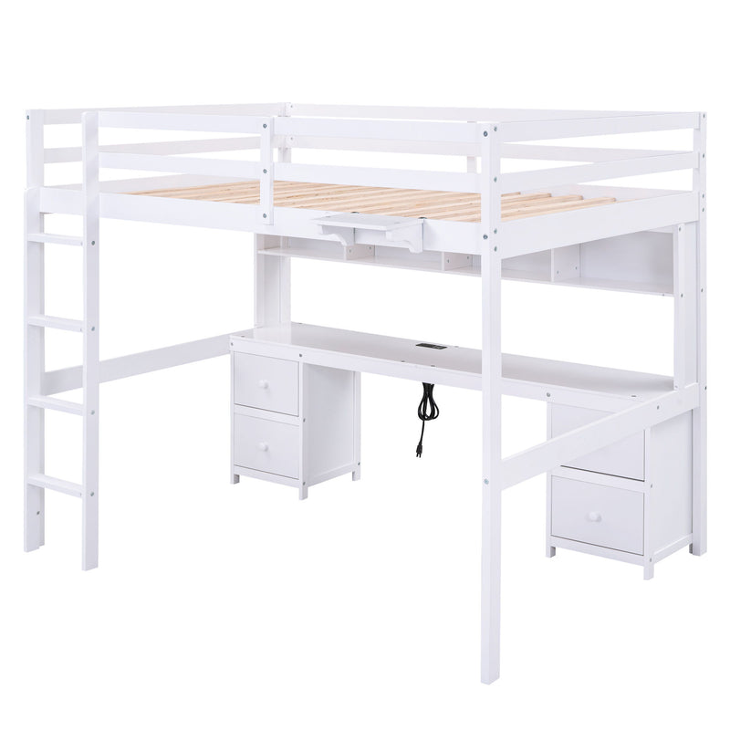 Full Size Loft Bed With Desk, Cabinets, Drawers, Charging Station And Bedside Tray, Sturdy Frame, No Box Spring Required - White