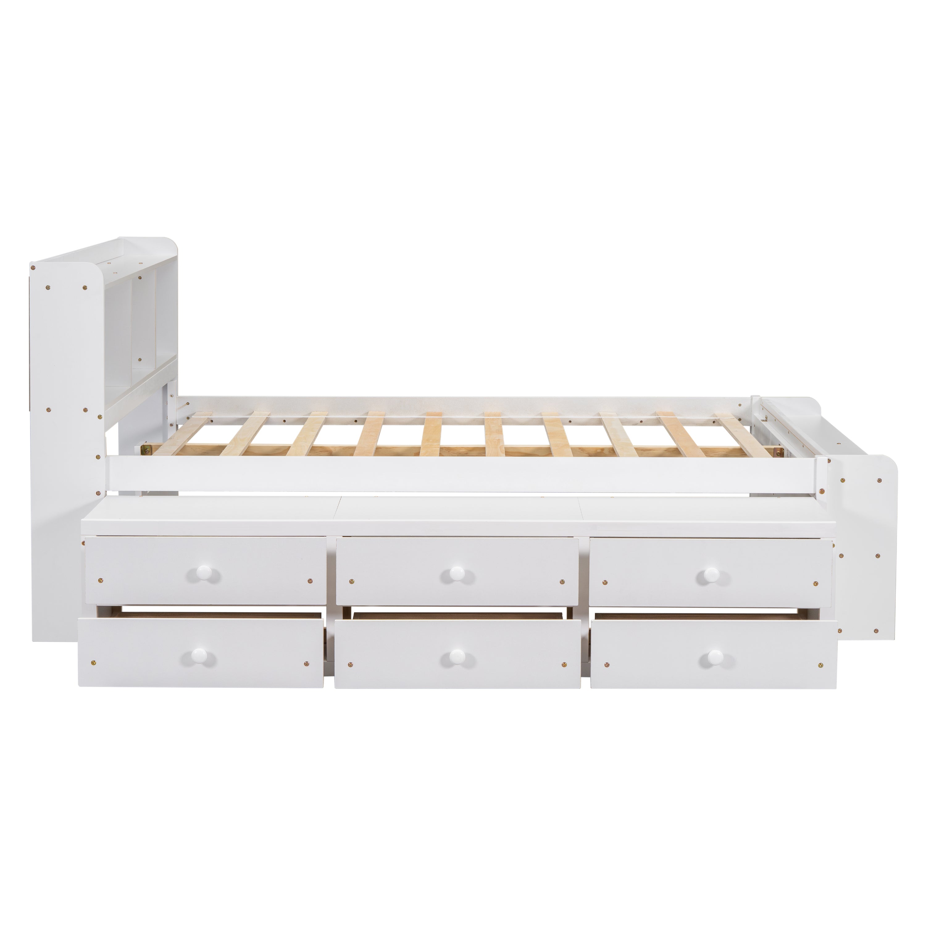 Full Bed with Bookcase Headboard, Under bed Storage Drawers and Bed End Storage Case,White