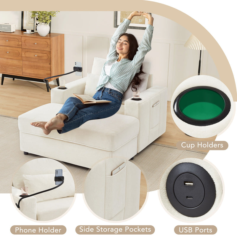 Modern Style Armchair Chaise Lounge Sofa Couch With Movable Storage Ottoman, USB Ports, Cup Holders, Phone Holder, Side Pockets