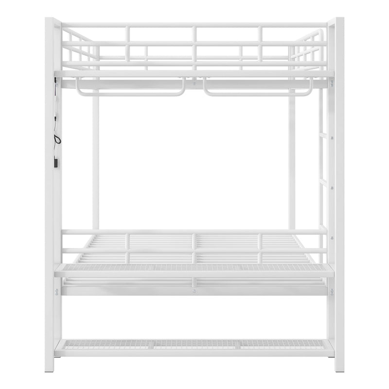 Bunk Bed With Storage Mesh Shelves, Clothes Hooks, LED Light