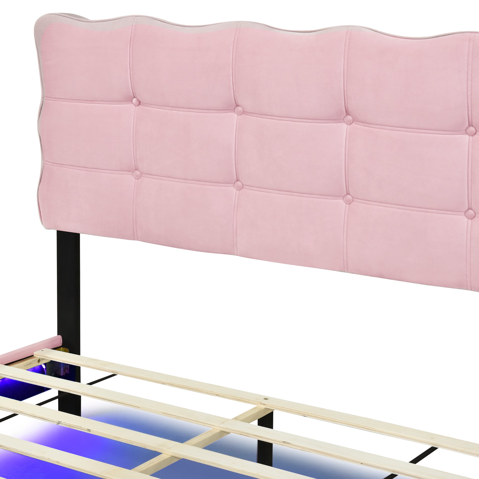 Queen Size Velvet Platform Bed with LED Frame and Stylish Mental Bed Legs, Pink - Atlantic Fine Furniture Melbourne FL