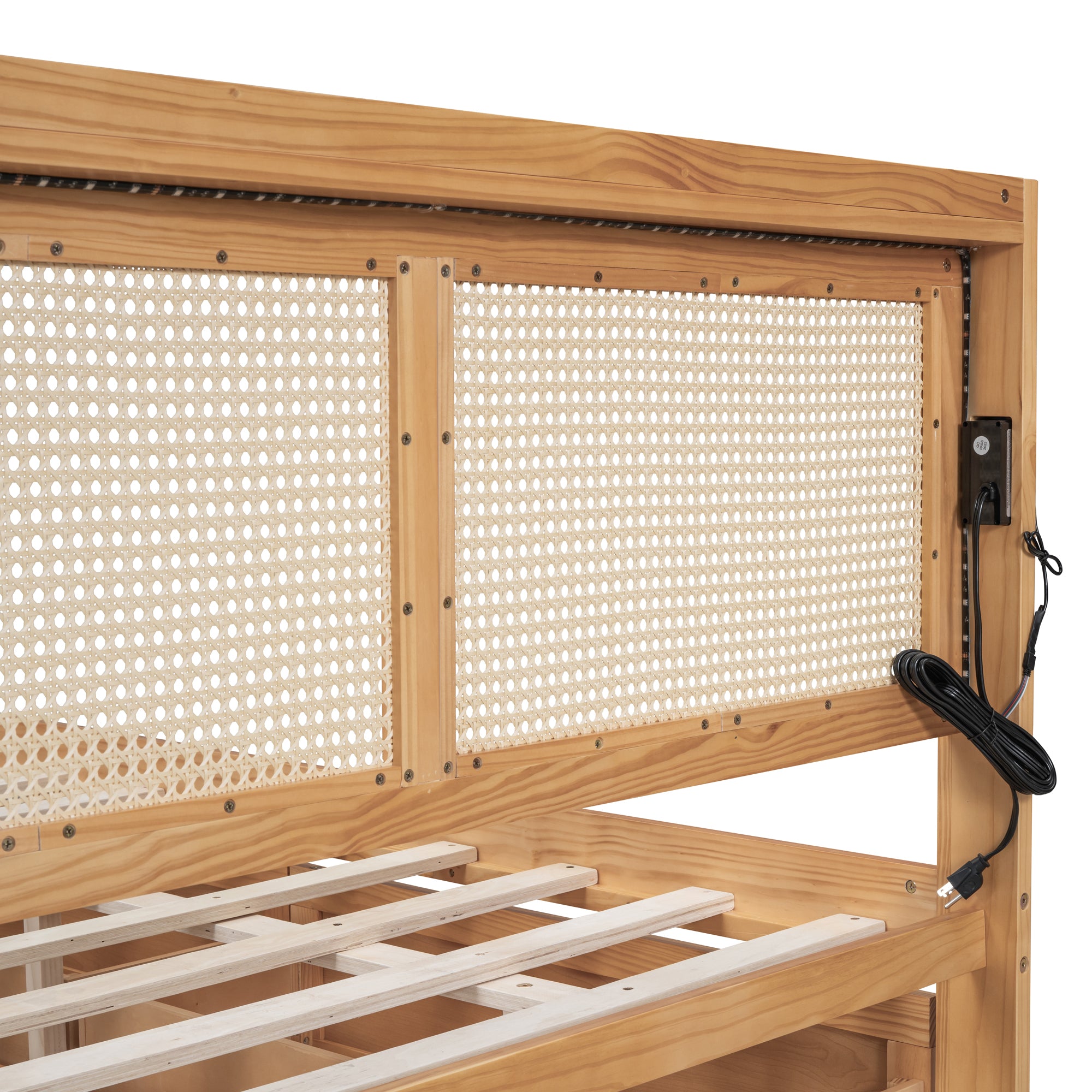 Full Size Elegant Bed Frame with Rattan Headboard and Sockets ,Walnut - Atlantic Fine Furniture Melbourne FL