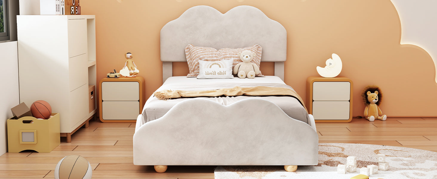 Twin Size Upholstered Platform Bed with Cloud Shaped bed board, Beige - Atlantic Fine Furniture Melbourne FL