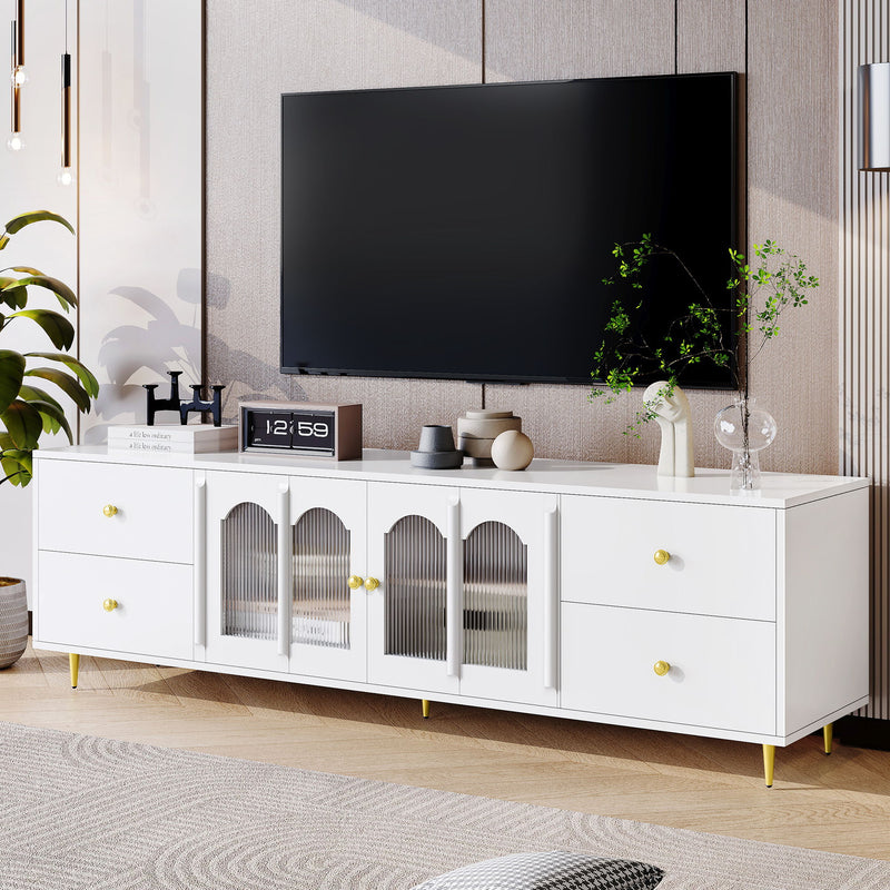 Modern TV Stand With Glass Door, 4 Drawers And 2 Cabinets
