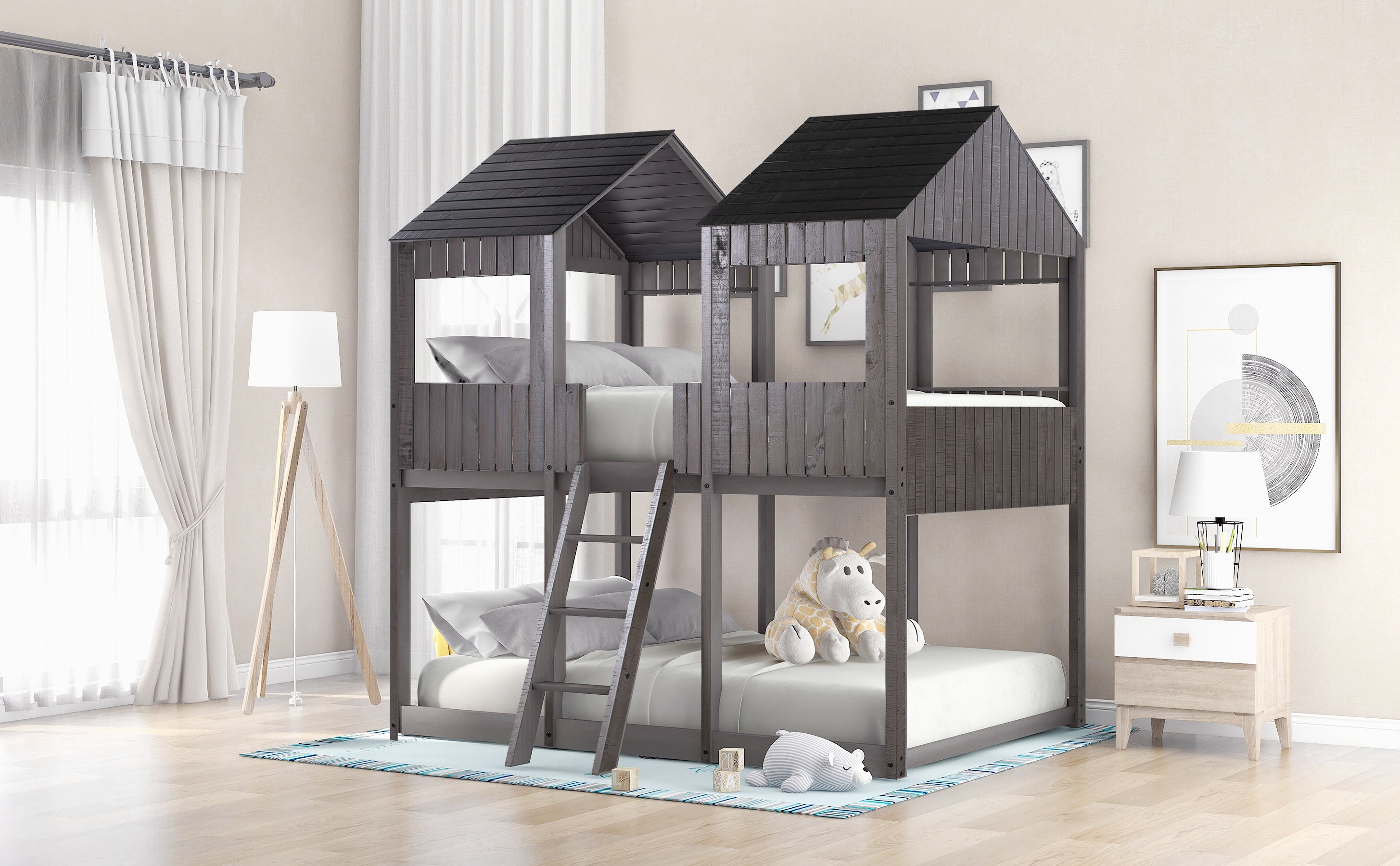 Full Over Full WoodBunk Bed with Roof, Window, Guardrail, Ladder(Antique Gray)( old sku: LT000031AAE ) - Atlantic Fine Furniture Melbourne FL