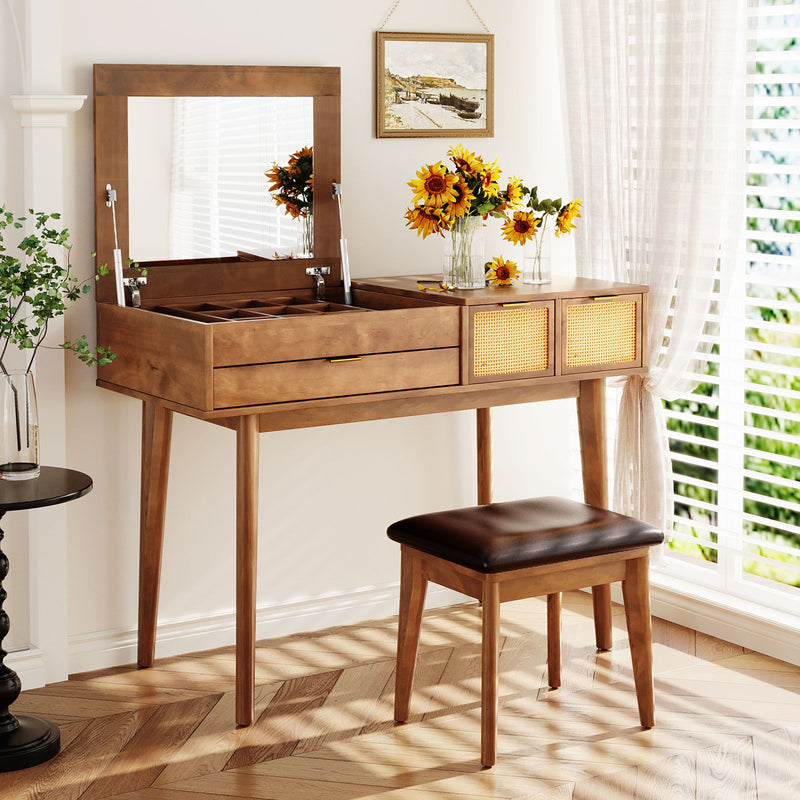 Classic Wood Makeup Vanity Set With Flip-Top Mirror And Stool, Dressing Table With Three Drawers And Storage Space