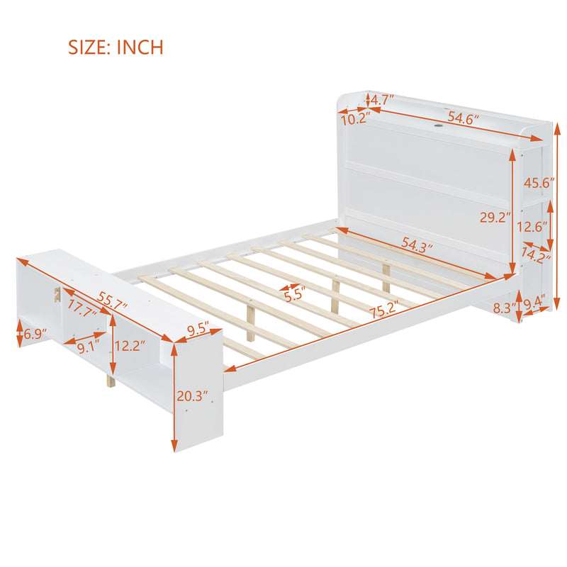 Full Size Platform Bed with built-in shelves, LED Light and USB ports, White