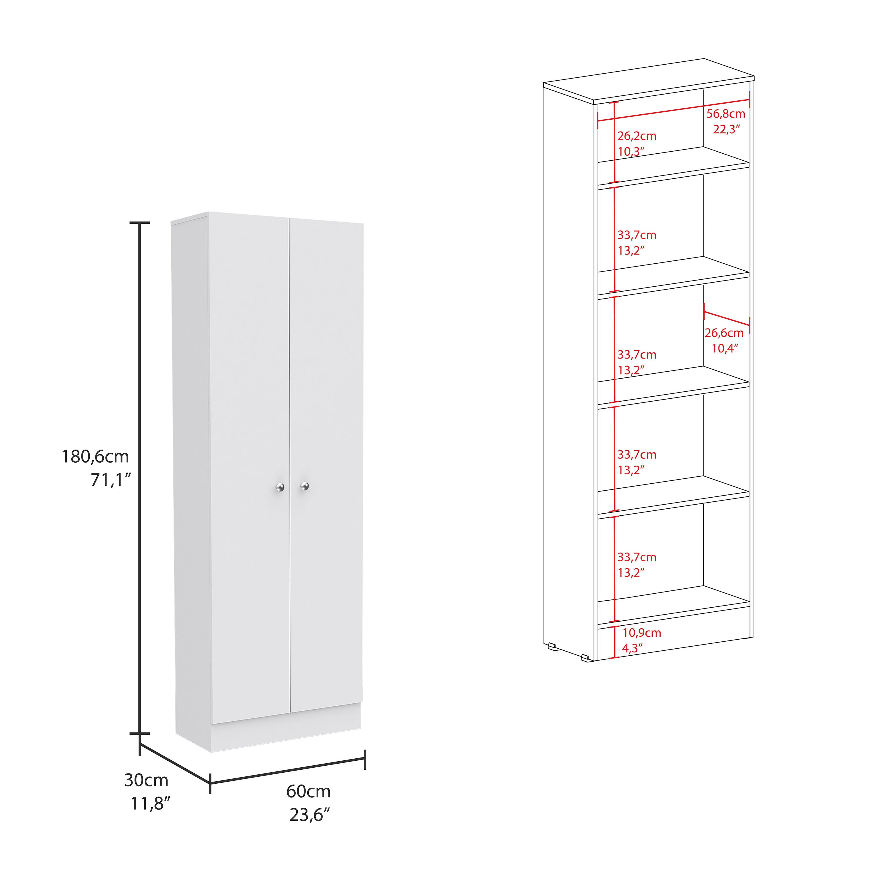 Multistorage Pantry Cabinet, Five Shelves, Double Door Cabinet -White