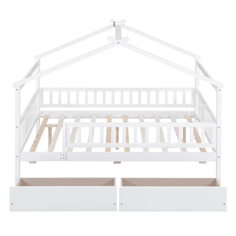 Full Size Wooden House Bed with Two Drawers, White