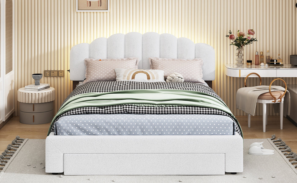 Teddy Fleece Queen Size Upholstered Platform Bed with Drawer, White - Atlantic Fine Furniture Melbourne FL
