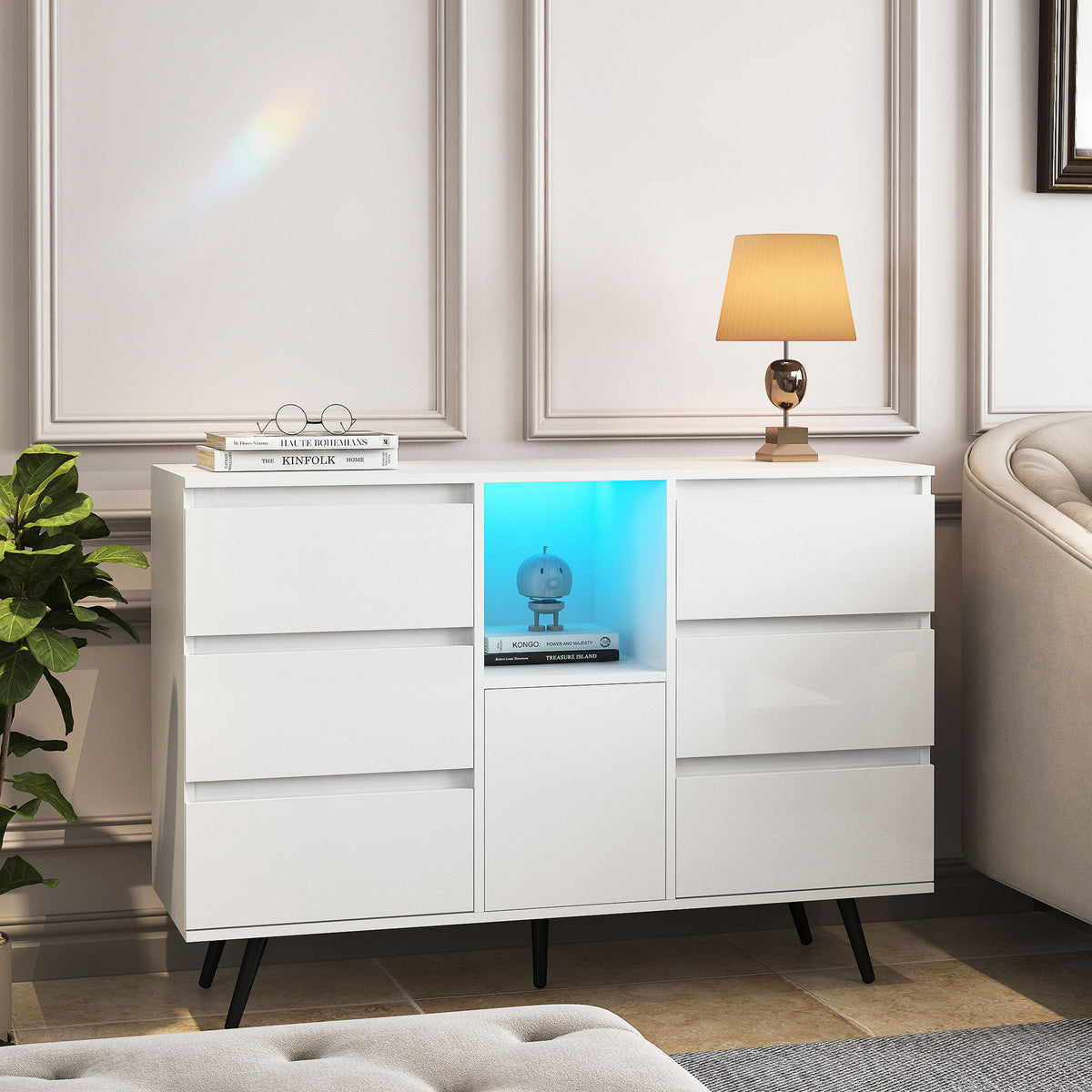 Living Room Sideboard Storage Cabinet with LED Light Modern Kitchen Unit Cupboard Buffet Wooden Storage Display Cabinet White