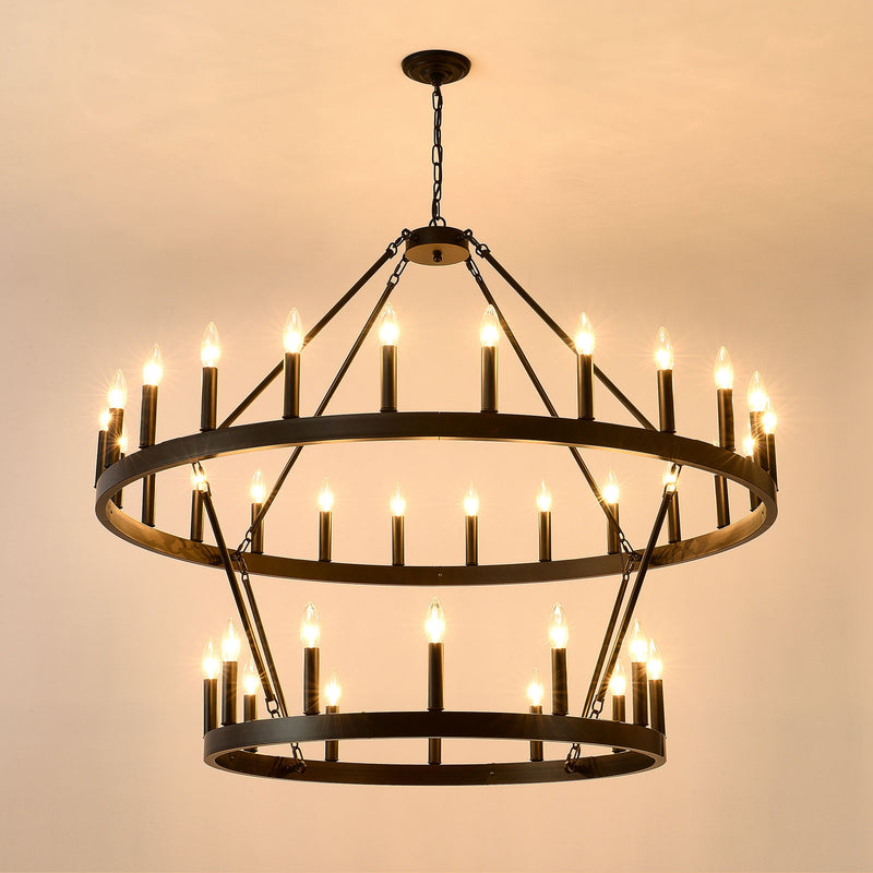 2 Tiers Wagon Wheel Chandelier Wooden Farmhouse 36 Light (24 / 12) Or (12 / 24) Metal Chandeliers 2 Story Light Fixtures Industrial For High Ceiling Living Dining Room Foyer, Adjustable Height - Black