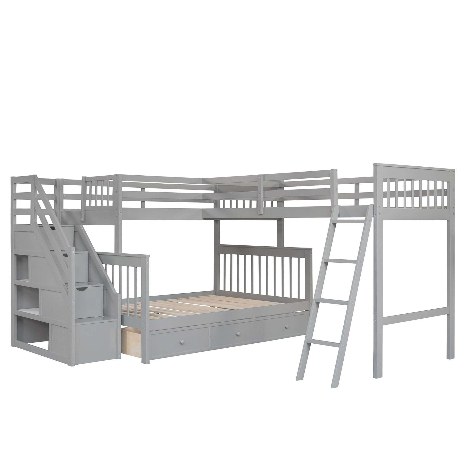 Twin over Full L-Shaped Bunk Bed With 3 Drawers, Ladder and Staircase - Gray - Atlantic Fine Furniture Melbourne FL