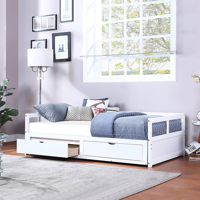 Wooden Daybed with Trundle Bed and Two Storage Drawers , Extendable Bed Daybed,Sofa Bed for Bedroom Living Room,White