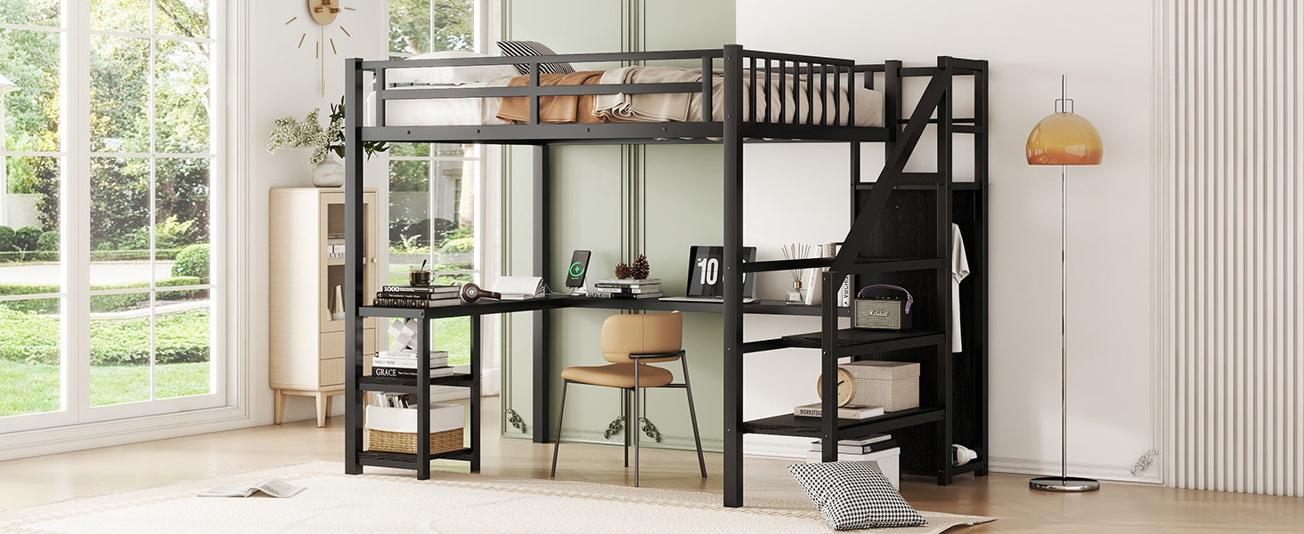 Metal Full Loft Bed with Wardrobe and LED Light, Full Size Loft Bed with L Shaped Desk and USB for Kids Teens Adults, Black (Expect arrival date 2024/5/19)