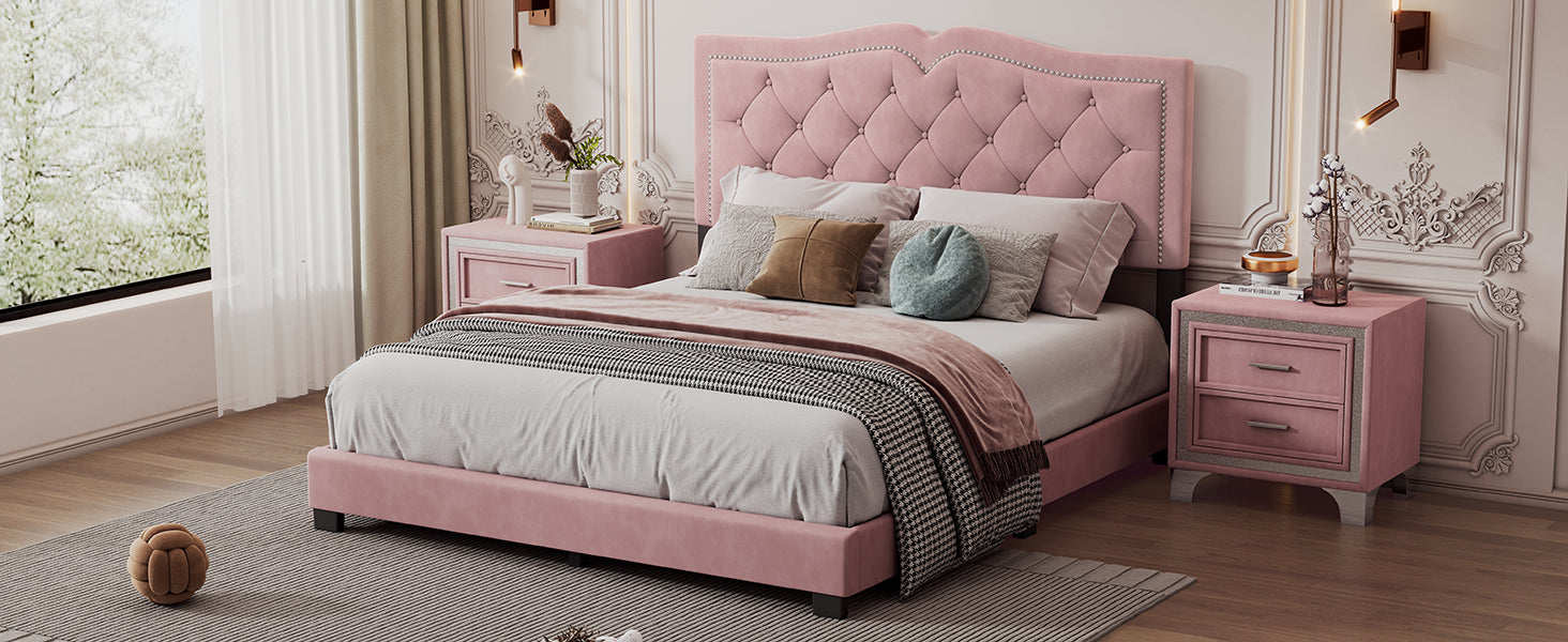 Queen Size Upholstered Bed Frame with Rivet Design, Modern Velvet Platform Bed with Tufted Headboard,Pink - Atlantic Fine Furniture Melbourne FL