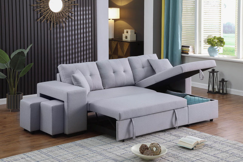 Dennis - Linen Fabric Reversible Sleeper Sectional With Storage Chaise And 2 Stools