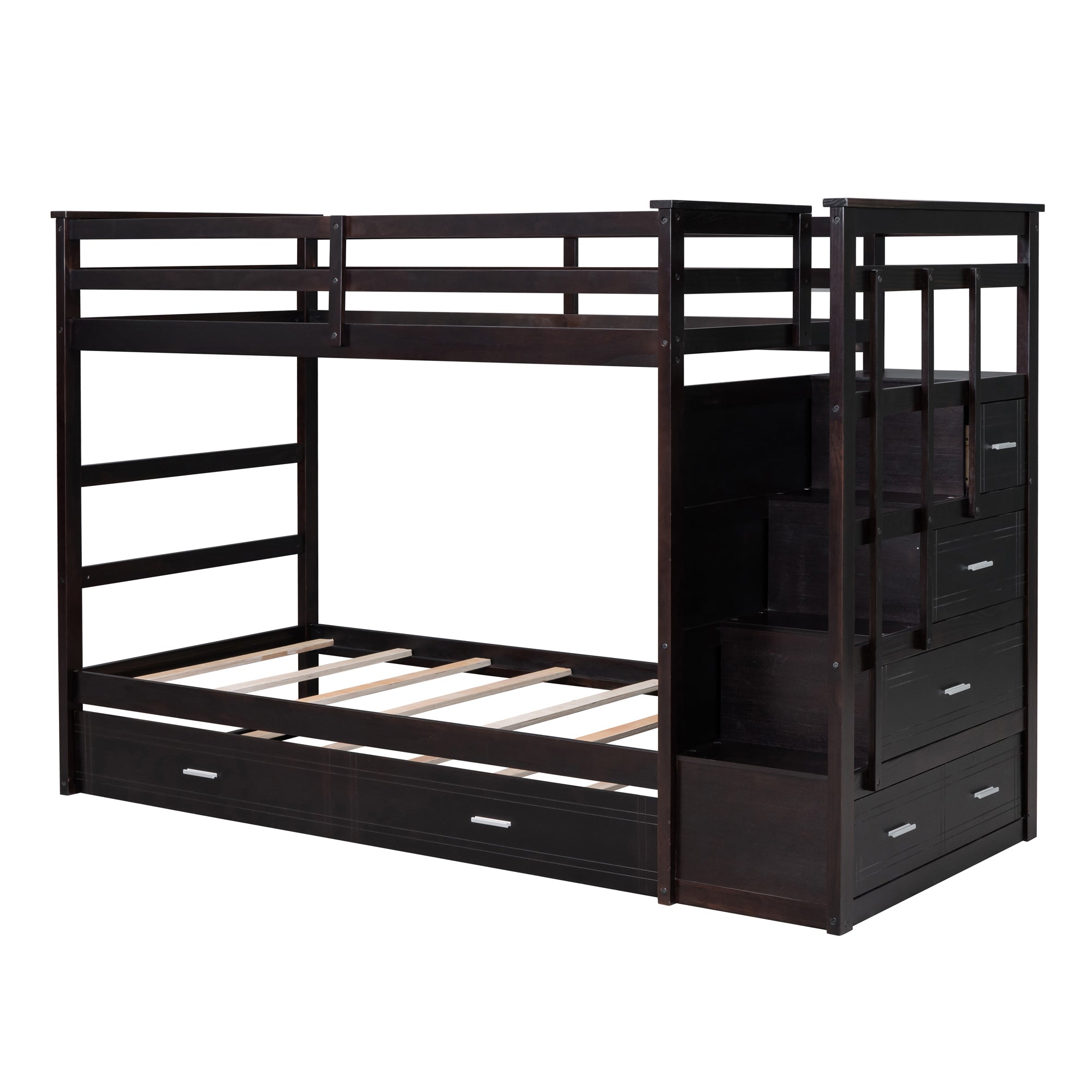 Twin Over Twin Bunk Bed with Trundle and Staircase,Espresso(OLD SKU:LT000068AAP) - Atlantic Fine Furniture Melbourne FL