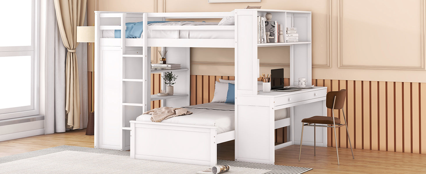 Full size Loft Bed with a twin size Stand-alone bed, Shelves,Desk,and Wardrobe-White