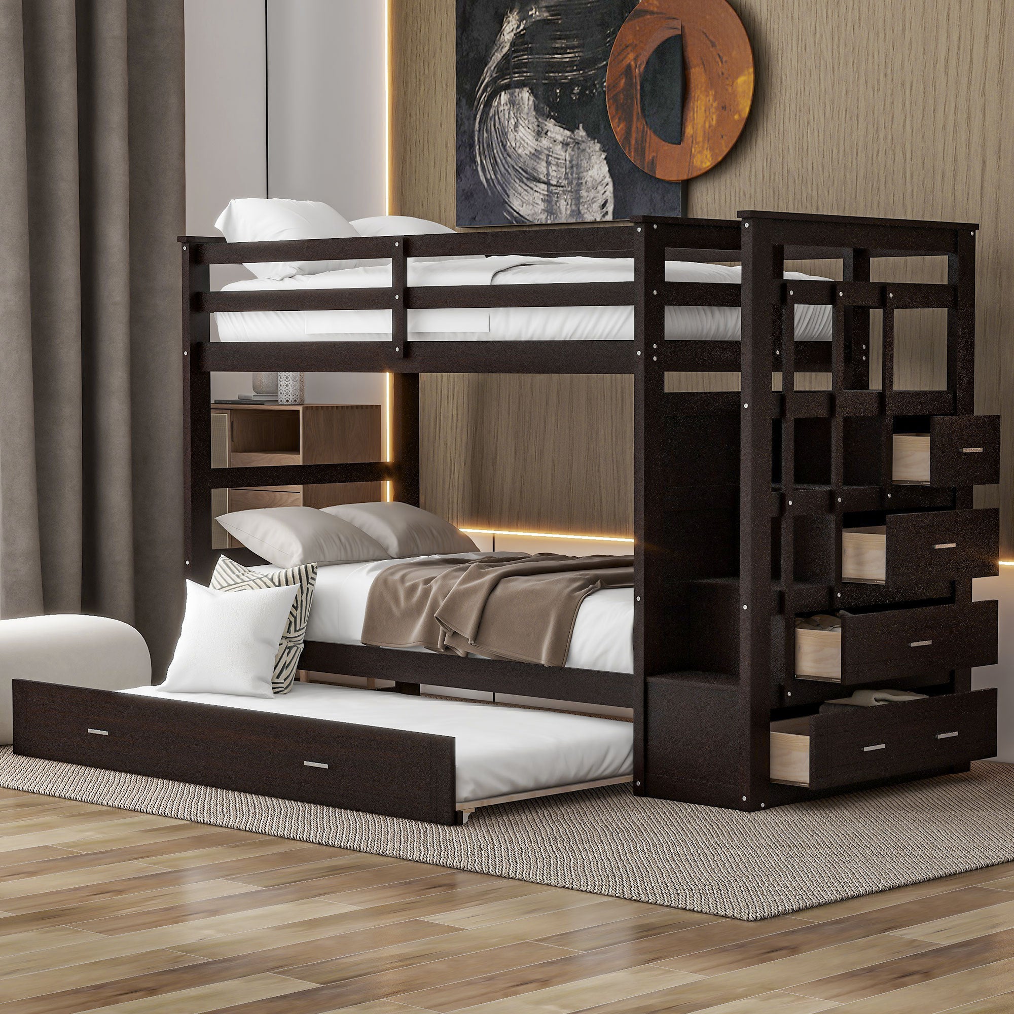 Twin Over Twin Bunk Bed with Trundle and Staircase,Espresso(OLD SKU:LT000068AAP) - Atlantic Fine Furniture Melbourne FL