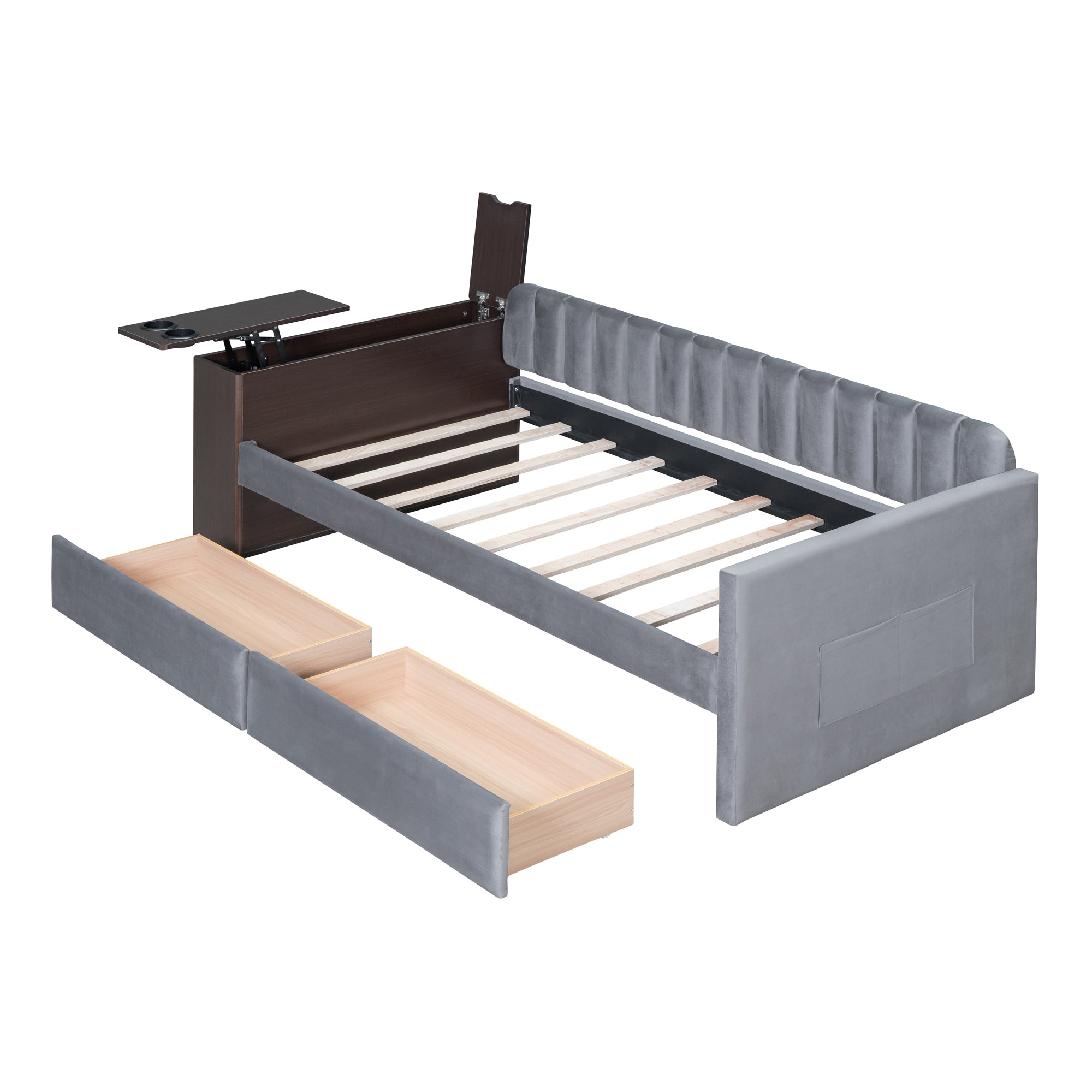 Twin Size Upholstered Daybed with Storage Armrest and 2 Drawers, Multi-functional Daybed with Cup Holder and a set of USB Ports and Sockets, Gray - Atlantic Fine Furniture Melbourne FL