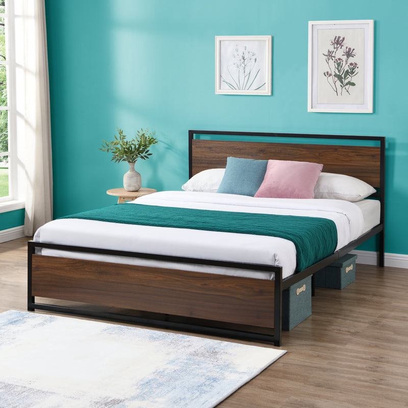 Industrial Platform Queen Bed Frame/Mattress Foundation with Rustic Headboard and Footboard, Strong Steel Slat Support, No Box Spring Needed, Noise Free, Easy Assembly