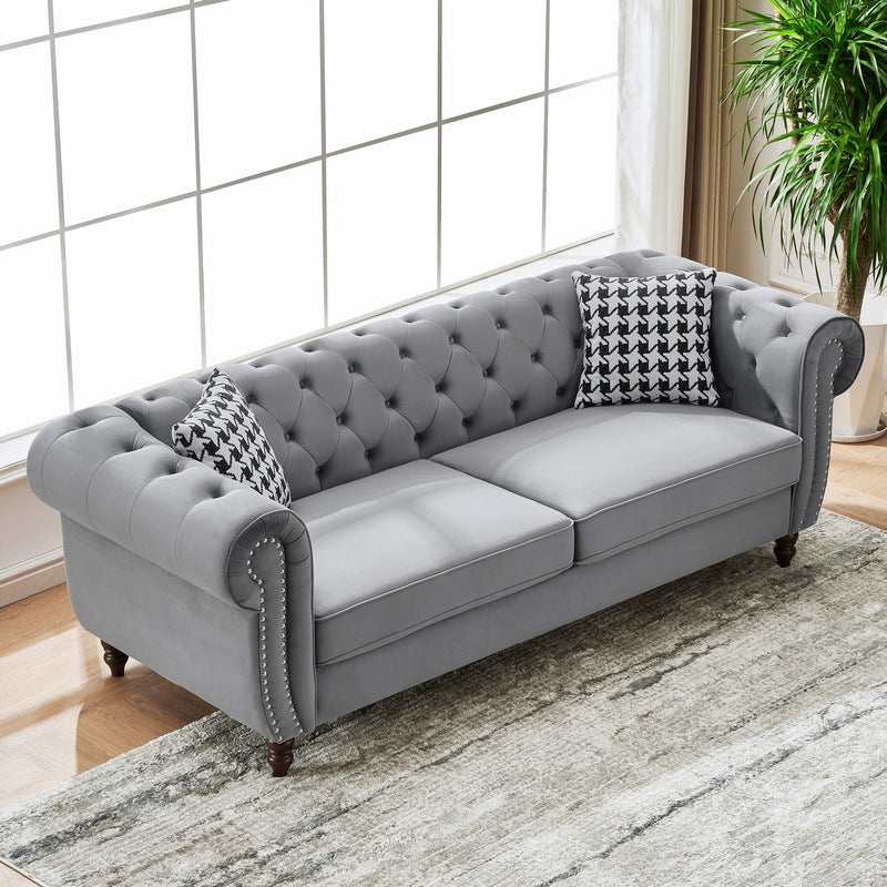 Chesterfield Velvet Upholstery Fabric Sofa With Roll Armrest & Nailhead