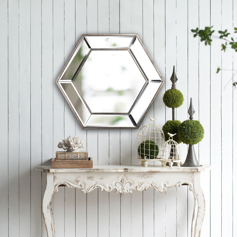 Hexagon Wall Mirror With Contemporary Glass Design, Home Decor Accent Mirror For Living Room - Silver