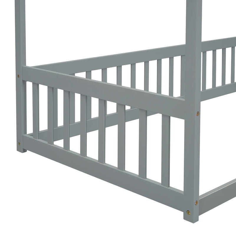 Twin Size Canopy Frame Floor Bed with Fence, Guardrails,Grey