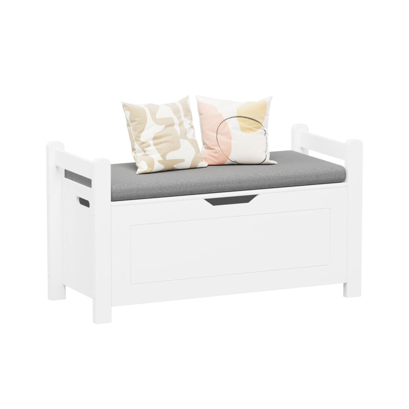 Kids Toy Box Chest Storage Cabinet With Cushion Seat Bench Flip Top Lid Safety Hinge - White