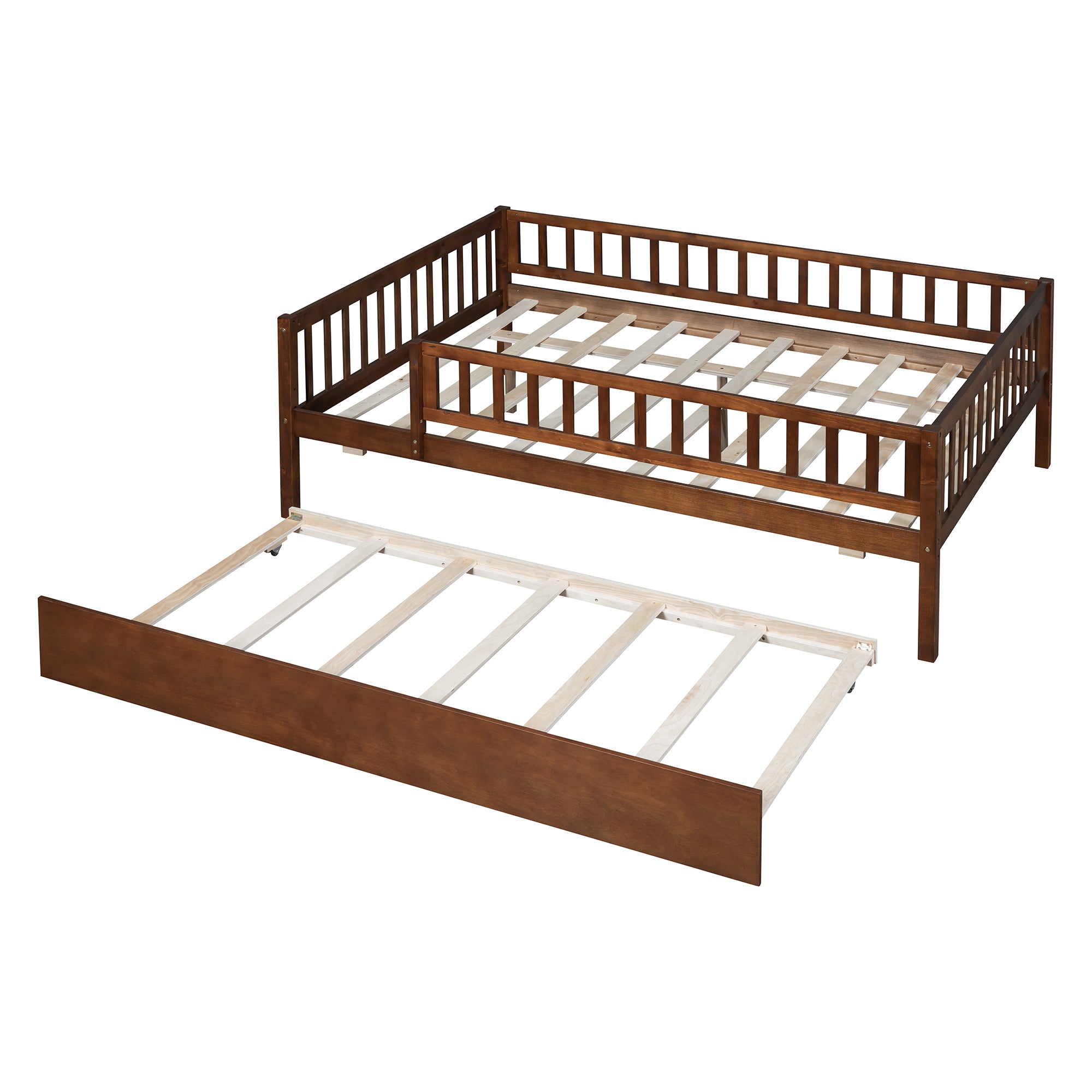 Full Size Wood Daybed with Trundle and Fence Guardrails, Walnut - Atlantic Fine Furniture Melbourne FL