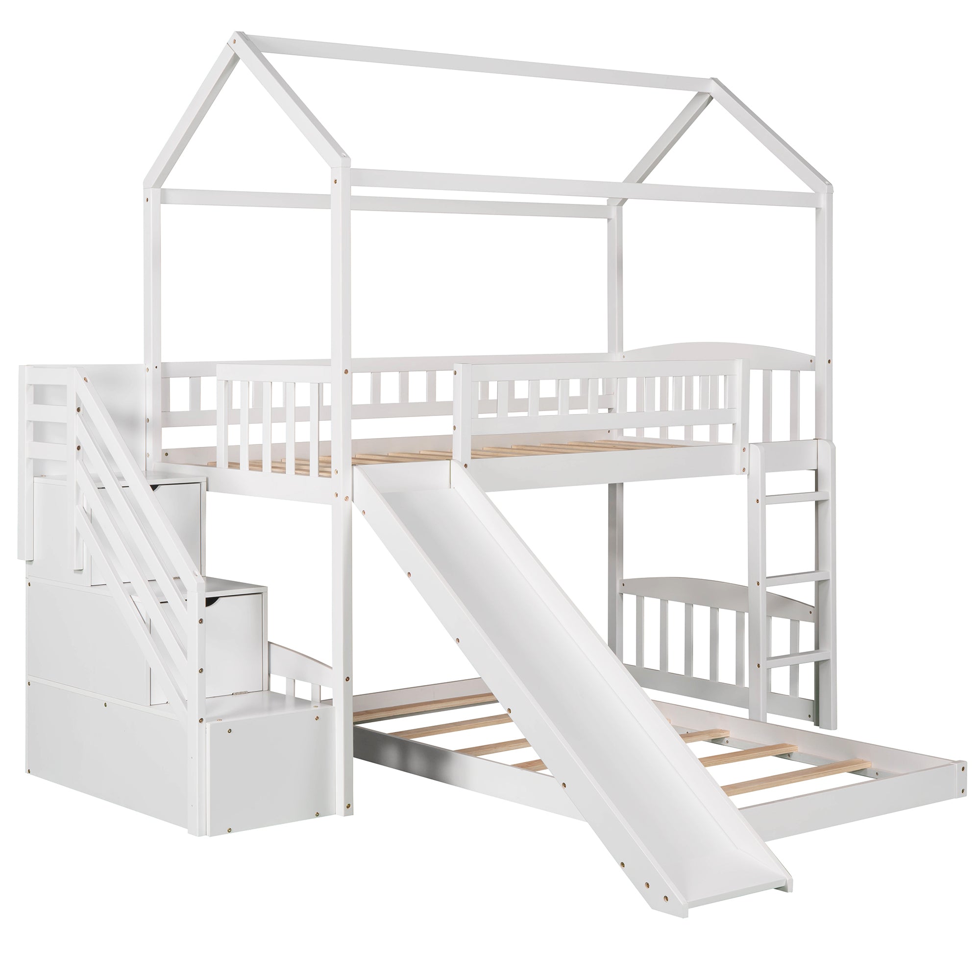 Twin Over Twin Bunk Bed with Two Drawers and Slide, House Bed with Slide, White(OLD SKU :LP000129AAK) - Atlantic Fine Furniture Melbourne FL