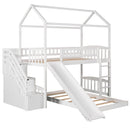 Twin Over Twin Bunk Bed with Two Drawers and Slide, House Bed with Slide, White(OLD SKU :LP000129AAK)
