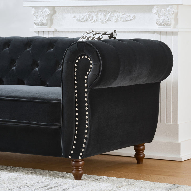 Chesterfield Velvet Upholstery Fabric Sofa With Roll Armrest & Nailhead