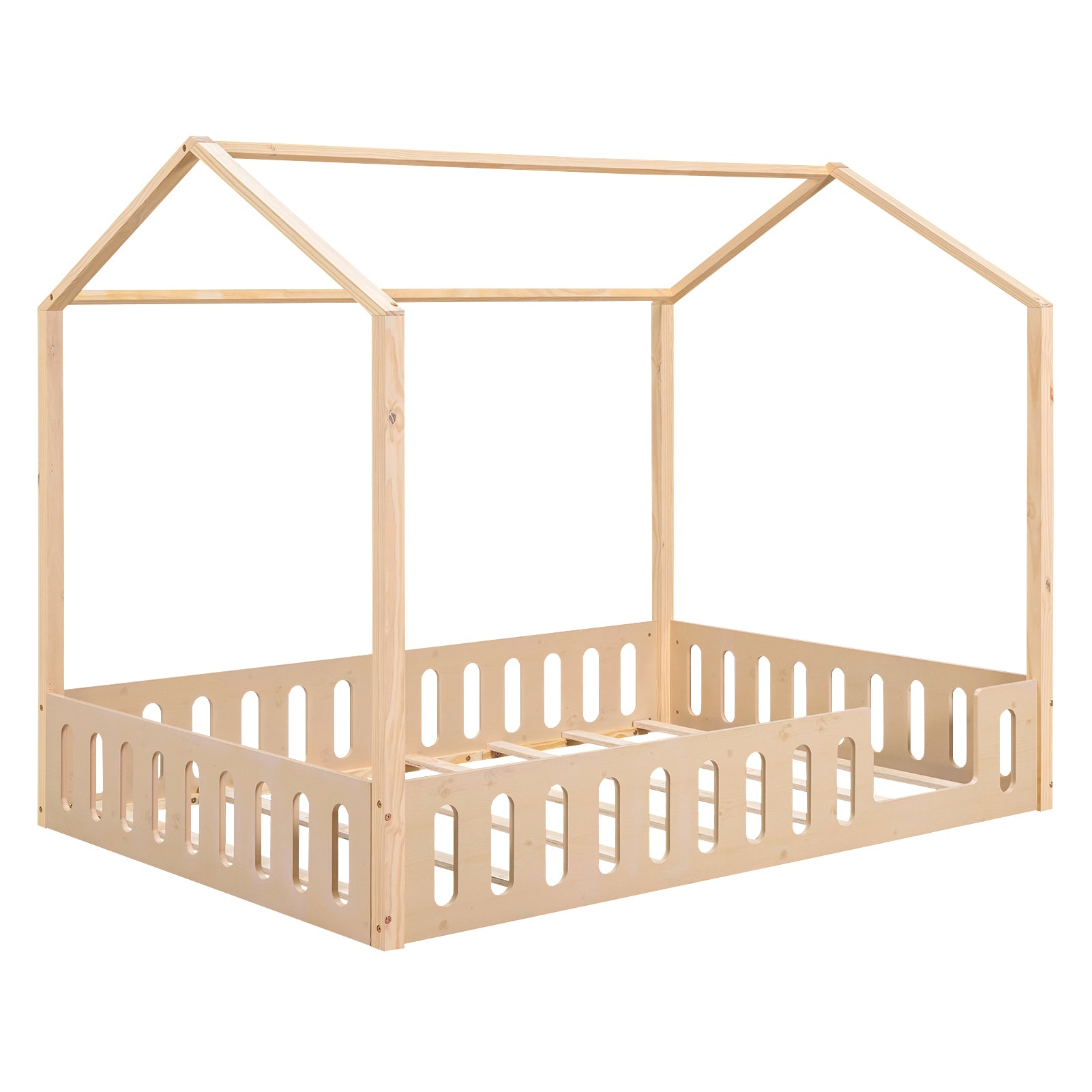 Full Size Wood House Bed with Fence and Detachable Storage Shelves, Natural