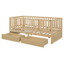 Daybed With Fence Guardrails And 2 Drawers, Split Into Independent Floor Bed & Daybed