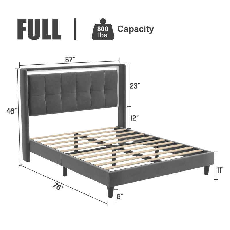 Full Size Upholstered platform bed frame with headboard and sturdy wooden slats, high load-bearing capacity, non-slip and noiseless, no springs required, easy to assemble, dark gray bed