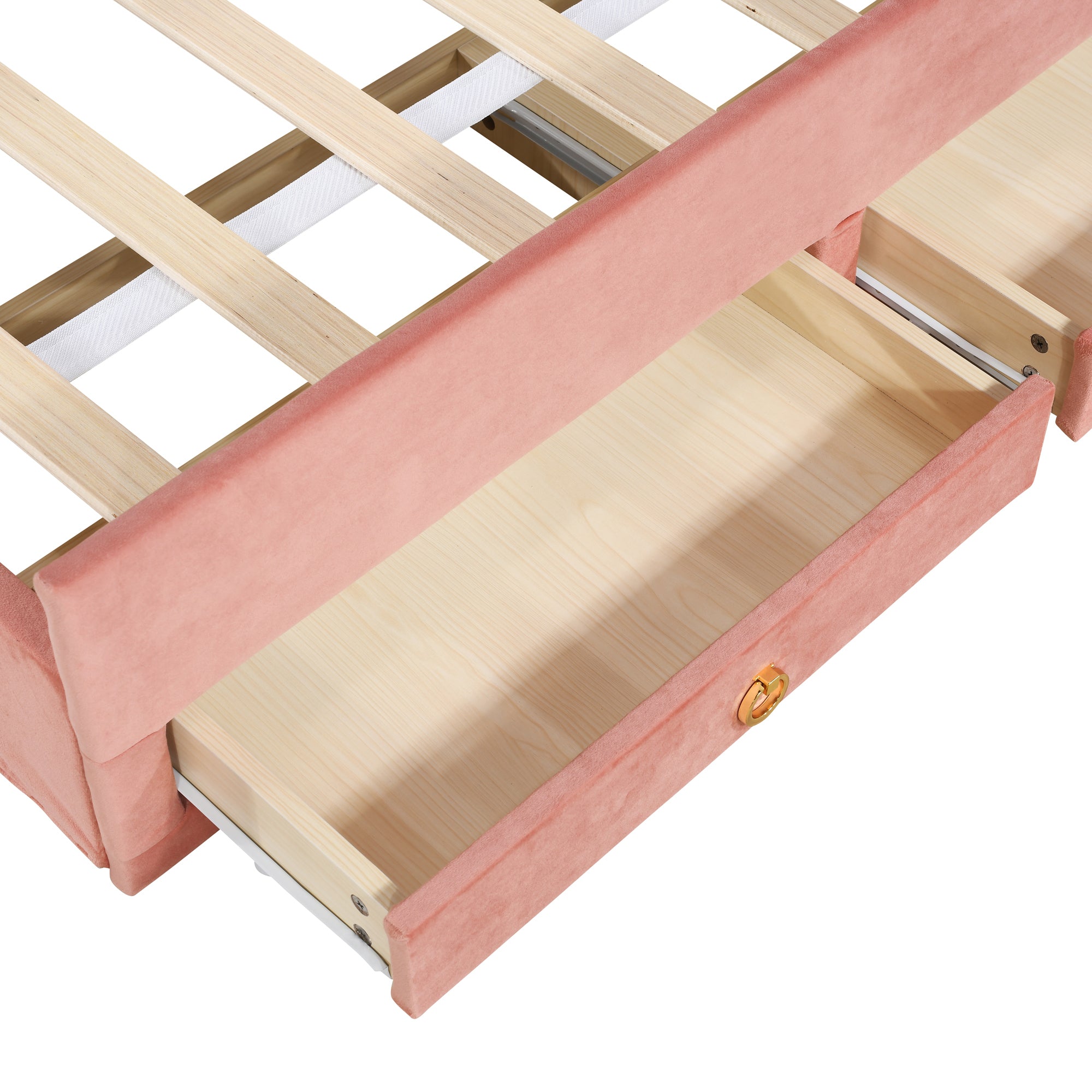Twin Size Upholstered Platform Bed with Trundle and 3 Drawers, Rabbit-Shaped Headboard with Embedded LED Lights, Pink - Atlantic Fine Furniture Melbourne FL